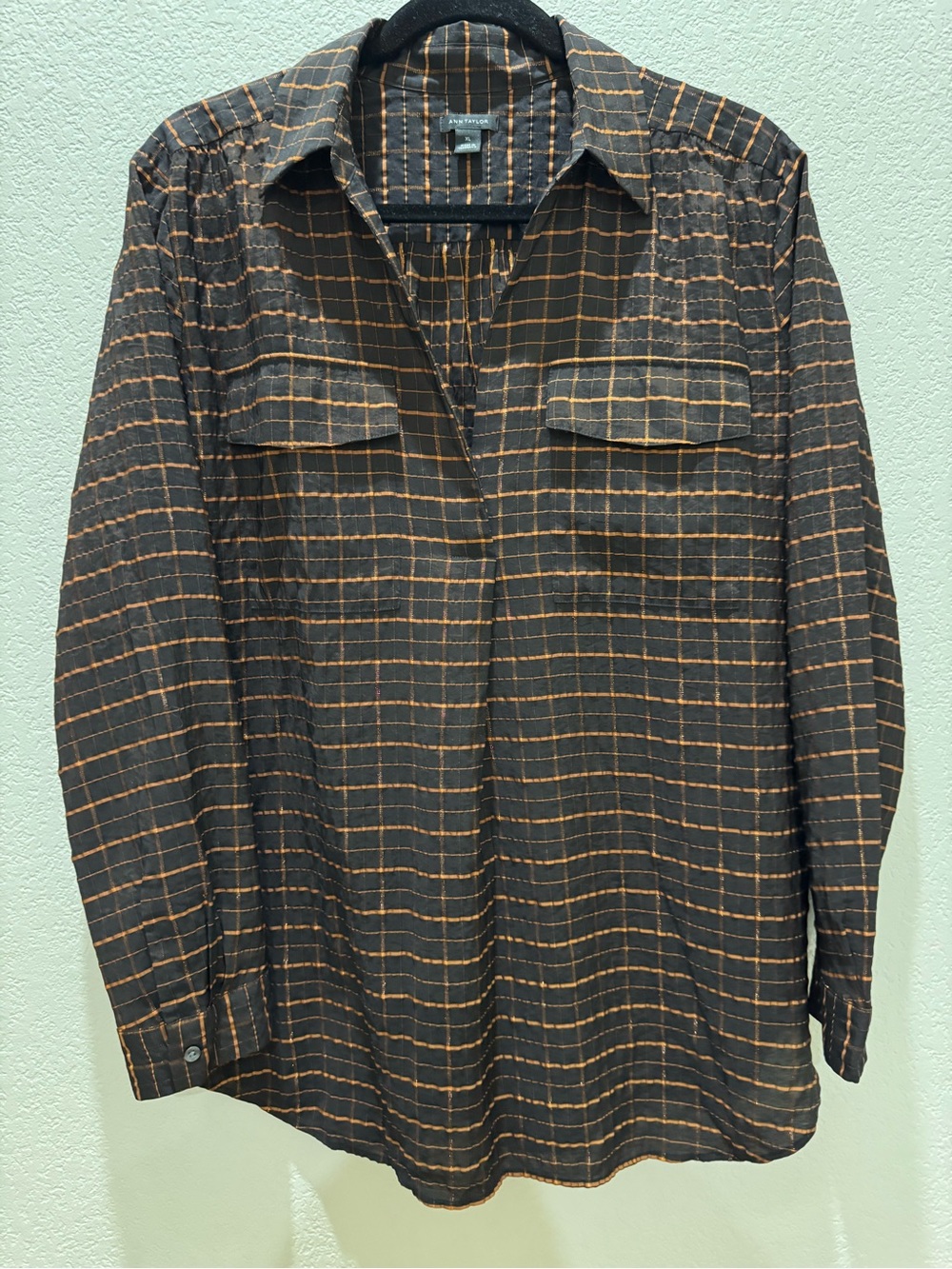 Ann Taylor Brown and Copper Plaid Lightweight Button-Down Blouse